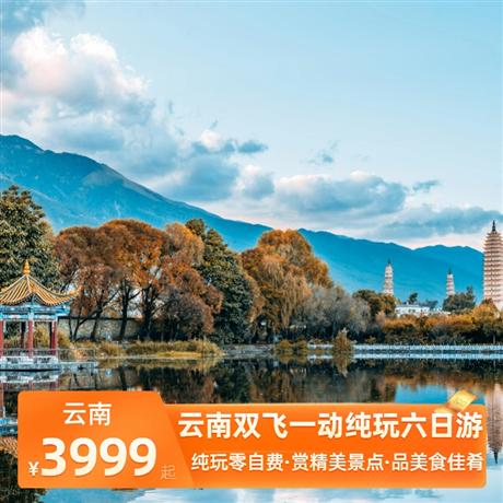 云南雙飛一動純玩六日游3晚當地準四標準+1晚大理網評四鉆+昆明一晚五星酒店雙標間